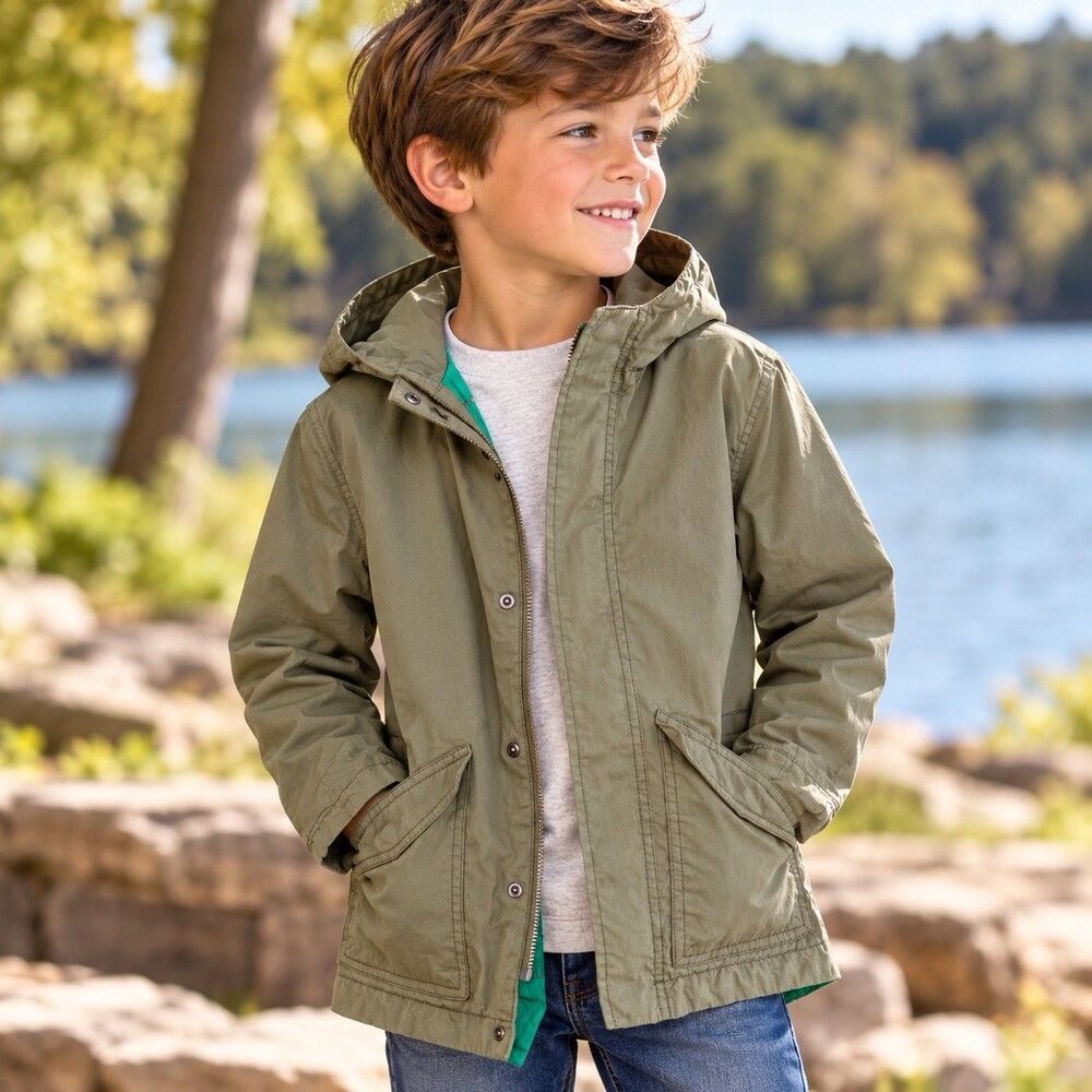 NWT Mini Boden Boys 7-8 128cm Hooded Parka Jacket Olive Green Cotton Blend